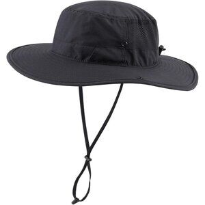 Unisex Black 100% Nylon Wide Brim Boonie With Chin Strap Classic Bucket Hat